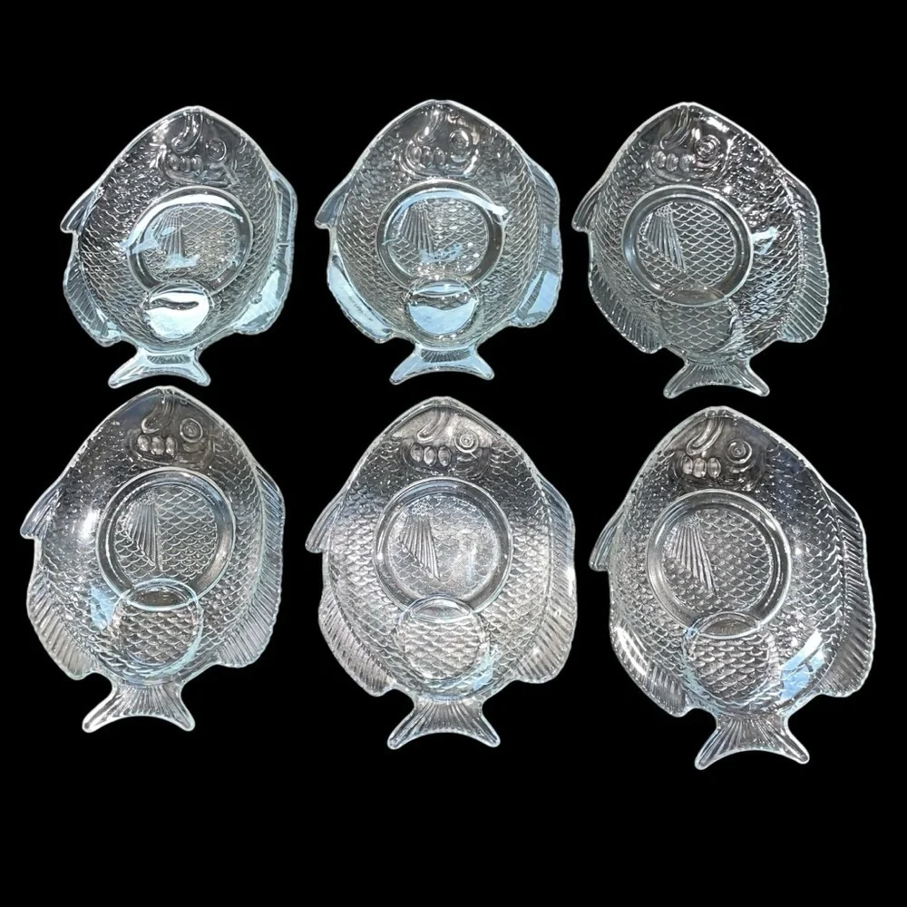 Vintage Glass Fish Embossed Snack Plate hors d'oeuvres Shrimp Cocktail Set of 6